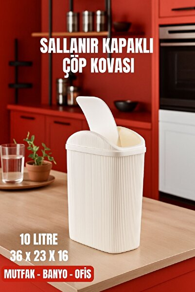 Open Home Concept 10 Lt Trash Can, Kitchen, Bathroom, Toilet, Office Trash Can Cream