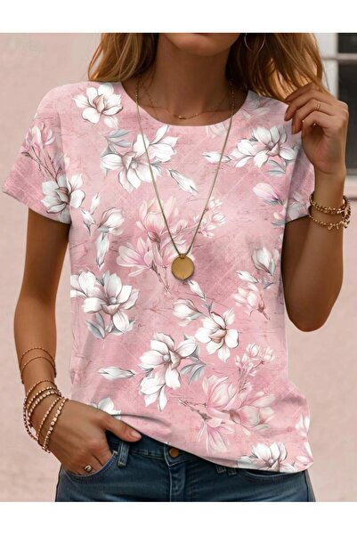 1001moda Nnstartshopping Γυναικεία μπλούζα με κοντό μανίκι με λαιμόκοψη με λουλουδάτο σχέδιο από βισκόζη