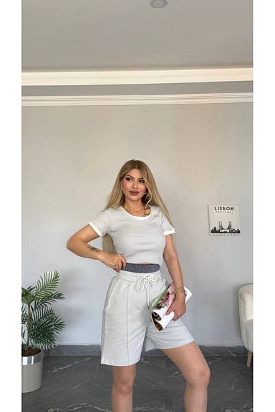 bonibon butikk Women's New Season Top Double Look Camisole Fabric Shorts High Waist Set