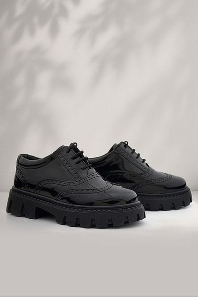 Rakerplus Black Patent Leather Lace-Up Oxford Girl's Casual Shoes