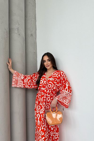 Mezka Women's Orange V Neck Elastic Waist Wide Sleeve Long Cotton Viscose Dress