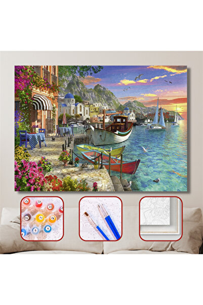 Pastelya Sayılarla Boyama Seti Çerçeveli Kasnaklı Yunan Kasabası 40x50 cm