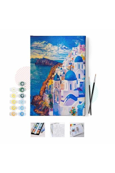 Pastelya Sayılarla Boyama Seti Çerçeveli Kasnaklı Yunanistan Evleri 50x65 cm