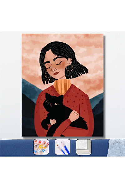 Pastelya Sayılarla Boyama Seti Çerçeveli Kasnaklı Gizemli Kedi Ve Kız 40x50 cm