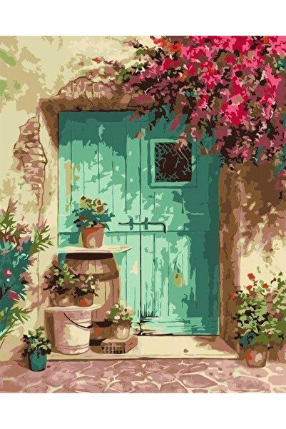 Pastelya Sayılarla Boyama Seti Çerçeveli Kasnaklı Yeşil Kapılı Ev 40x50 cm