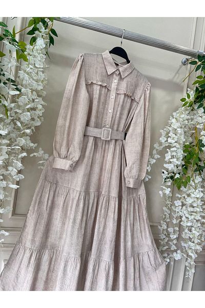 Viskosa Rochie cămașă cu mânecă lungă cremă VISCOSA cu centură - Design elegant cu detaliu de fustă, rochie cu decor floral