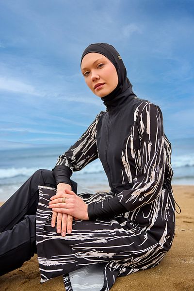 Marina Black Full Covered Hijab Swimsuit M2504 – Water Repellent, Slit Tunik,