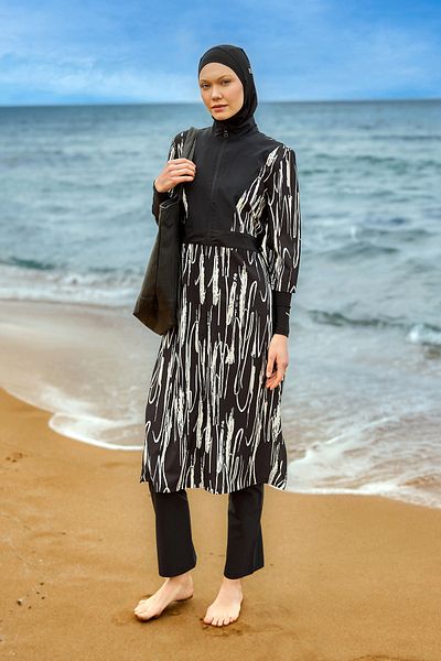 Marina Black Full Covered Hijab Swimsuit M2504 – Water Repellent, Slit Tunik,