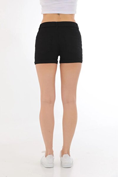 TugsatTasarTekstil Kadın Siyah Kot Şort Duble Paça Denim Likralı Toparlayıcı Premium