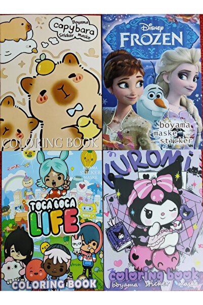 ada çanta kırtasiye 4 adet stickerli boyama kitabı (Frozen/capybara*/toca boca /Kuromi figürlü)
