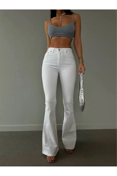 TugsatTasarTekstil Nino Super High Waist White Flared Flare Jean Women's Jeans