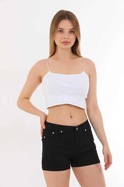 TugsatTasarTekstil Kadın Siyah Kot Şort Duble Paça Denim Likralı Toparlayıcı Premium