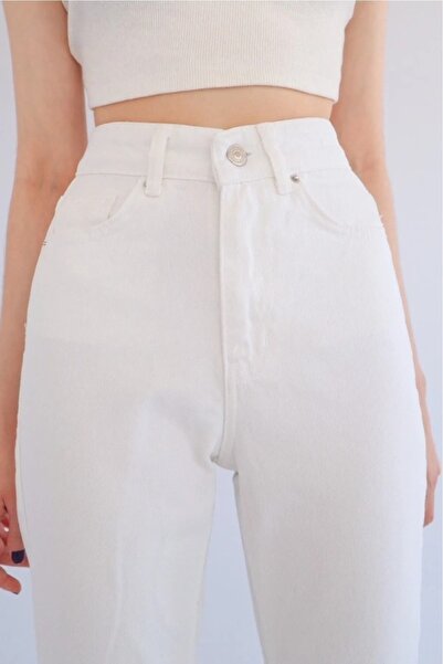 TugsatTasarTekstil Білі джинси-бойфренди з високою талією для жінок, що підтягують фігуру