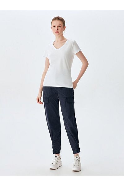 Ltb Tricou alb obișnuit cu mânecă scurtă de bază cu decolteu în V