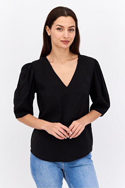 Scotch & Soda Women V Neck Short Sleeve Plain Top, Black