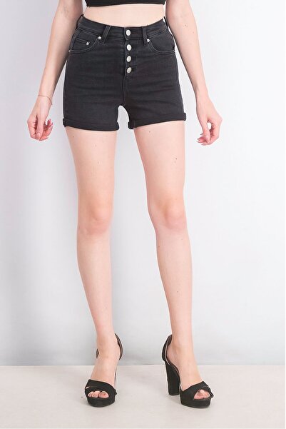Sinsay Women Five Pocket Button Fly Shorts, Black Washed
