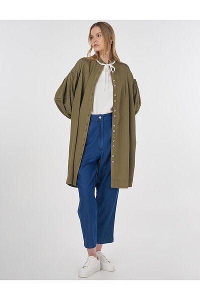 Kayra Ruffled Collar Ribbed Stitching Tunic Khaki
