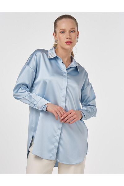 Kayra Embroidered Satin Tunic Blue