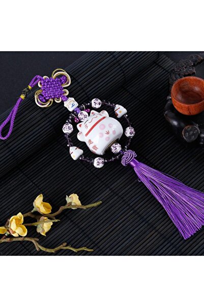 Choice قلادات سيارة سيراميكية أرجوانية على شكل قطة محظوظة، زينة داخلية للسيار...