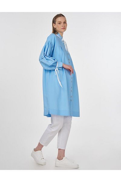 Kayra Ruffled Collar Ribbed Stitching Tunic Dust Smoke