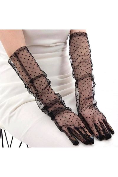 PRATİKOBA Long Size Black Polka Dot Black Color Adult Tulle Gloves 55 Cm