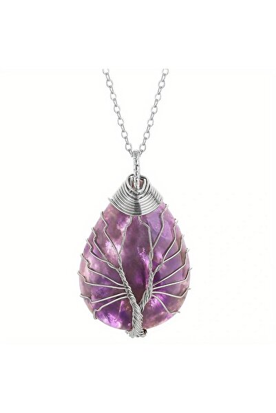 Choice قلادة من حجر الجمشت الفضي على شكل شجرة الحياة، مكونة من 7 شقرا، مصنوعة...