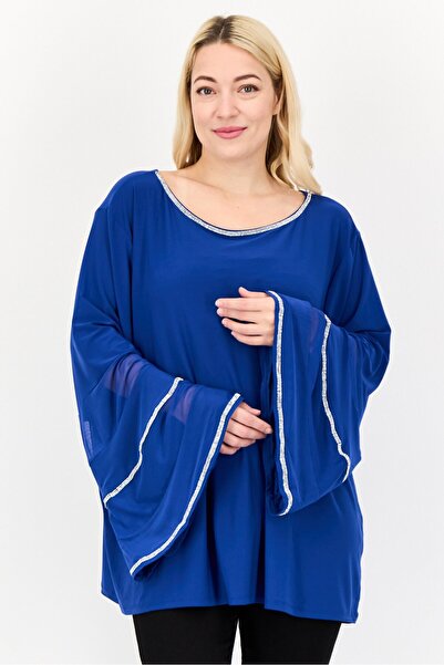 ny collection Women Round Neck Bell Sleeves Embellished Blouse, Blue