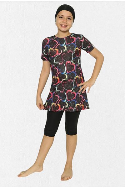 Fil Kids Girl's Swimsuit Short Sleeve Above Knee Length with Leggings Bonneted Black Quick Dry Close Woven Hearts Pattern