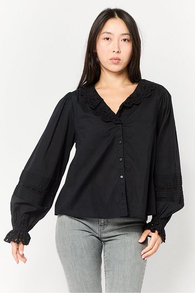 Scotch & Soda Women V-neck Eyelet Long Sleeve Blouse, Black