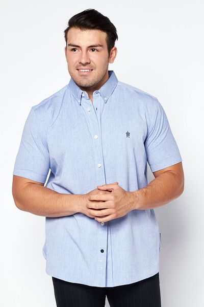 French Connection Men Regular Fit Embroidered Logo Short Sleeves Casual Shirt, Blue