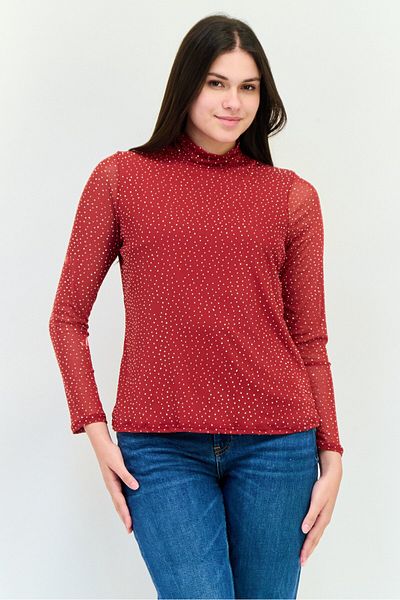MY Collection بلوزة نسائية معدنية برقبة عالية وأكمام طويلة، لون أحمر