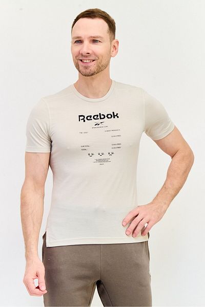 Reebok تي شيرت رجالي رياضي بأكمام قصيرة للجري، لون بيج
