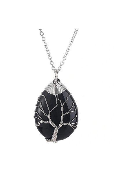 Choice Silver Black Agate Tree of Life 7 Chakra Natural Gemstone Necklace Cry...