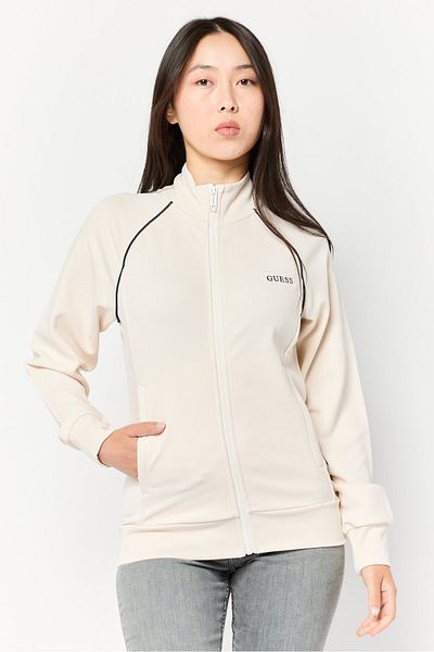 Guess Women High Neck Brand Logo Long Sleeves Sweatshirt, Light Beige