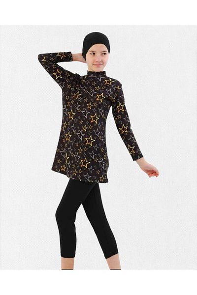 Fil Kids Children's Set Black Fast Drying Tight Woven - Yellow Star Pattern Long Sleeve Long Tights Bonnet