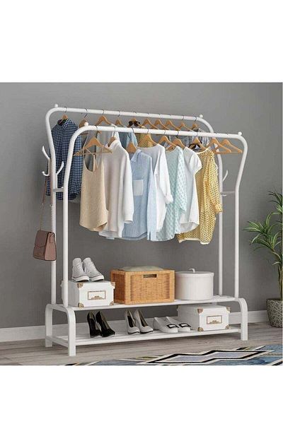 Lumely White Double Bar Curved Clothes Hanger,with Two Shelves,Modern Style, 130x33x128cm,for Home