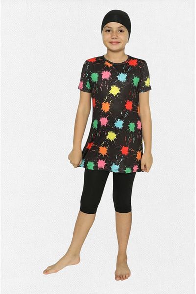 Fil Kids Children's Set Black Quick Dry Tight Woven Colorful Pattern Short Sleeve Knee Length Tights Bonneted