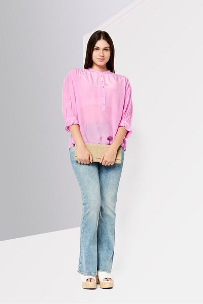 Scotch & Soda Women Band Collar 3/4 Sleeves Plain Top, Pink