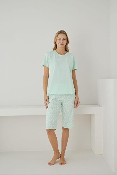 FORMO Women's 100% Organic Cotton Mint Floral Patterned Short Sleeve Capri Natural Pajama Set