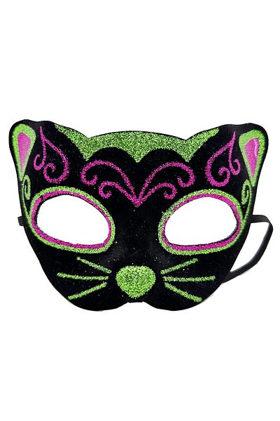 PRATİKOBA Black velvet coated pink green glitter embroidered cat mask 20x13 cm
