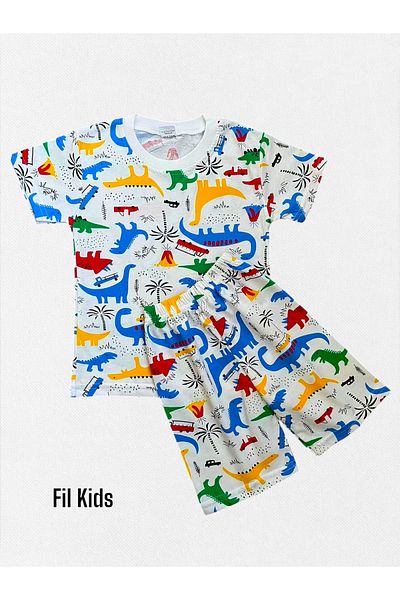 Fil Kids Boys Cotton Bus Car Dinosaurs Patterned White Short Sleeve Shorts Summer Pajamas Set
