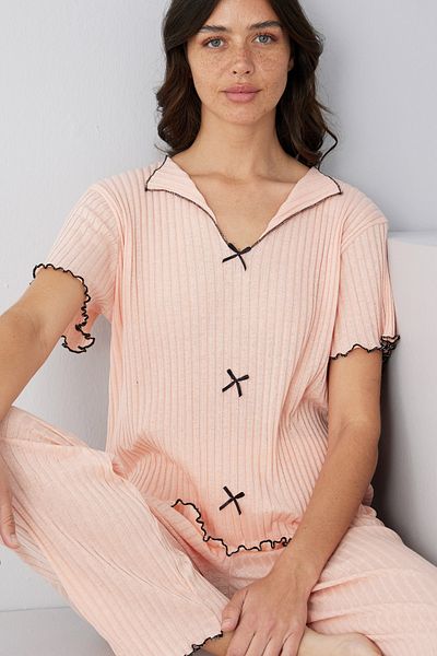 Siyah İnci Salmon Seasonal Thin Bow Pajama Suit7879