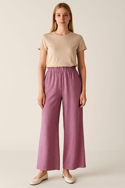 enmodaiçgiyim Ψηλόμεσο και Dusty Rose Linen Παντελόνι Γυναικείο - Φαρδύ πόδι