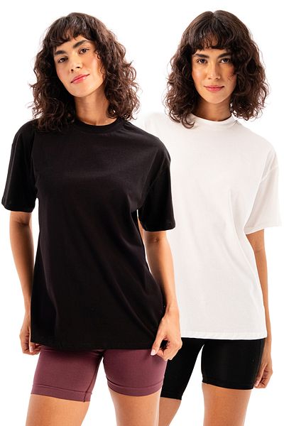 JUSTEVER Pack of 2 100% Cotton Oversize Fit Crew Neck Black and White Women's T-Shirt - Halo
