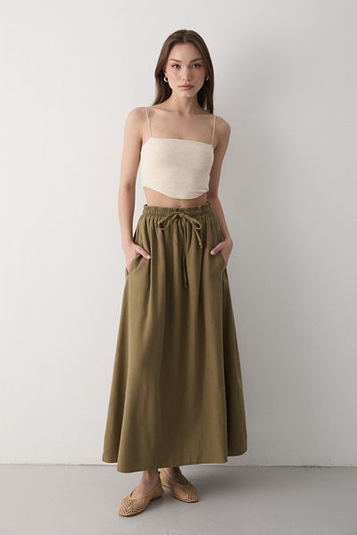 JASTE Women's Dark Khaki Elastic Waist Double Pocket Linen Skirt