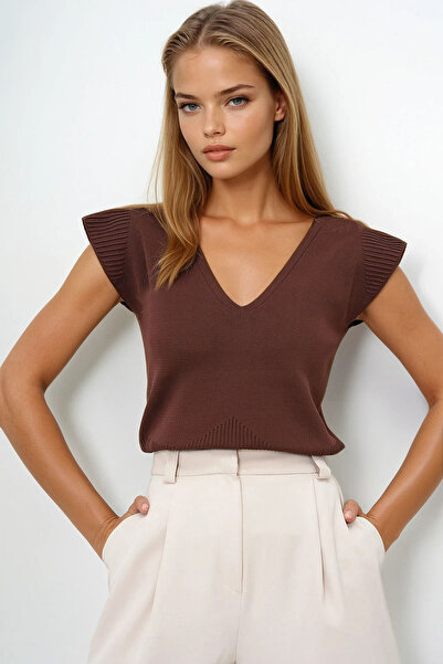 VAGGON Women's Brown Front Back V-Neck Summer Knitwear Blouse Prmx14051