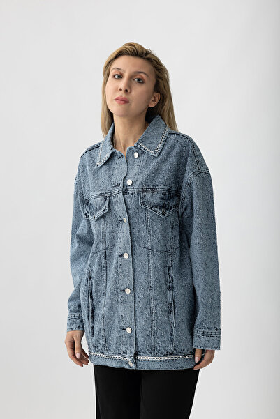 Suede Style 5474 - Yaka Nakış Detaylı Rahat Şık Kadın Kot Ceket