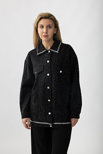 Suede Style 5474 - Yaka Nakış Detaylı Rahat Şık Kadın Kot Ceket