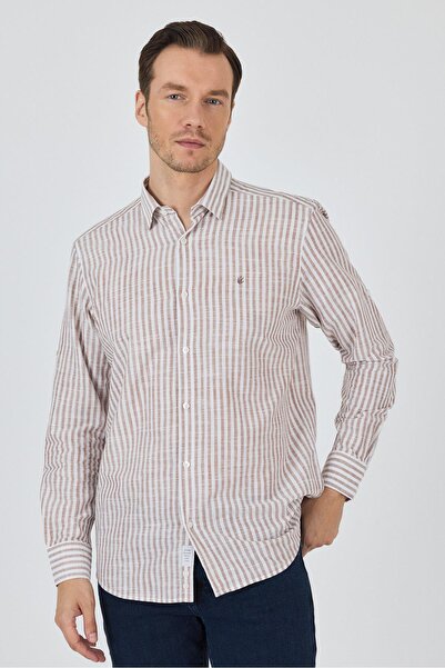 İmza Καφέ πουκάμισο με κοντό μανίκι χωρίς τσέπες από βαμβακερό casual Comfort Fit πουκάμισο 1004250128