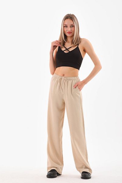 H&A İSTANBUL Women's Beige Linen Blend Loose Cut Pants - Wide Leg Stretch Waist